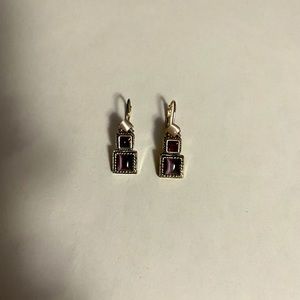 Square lever-back earrings with light pink, red, and purple gems.